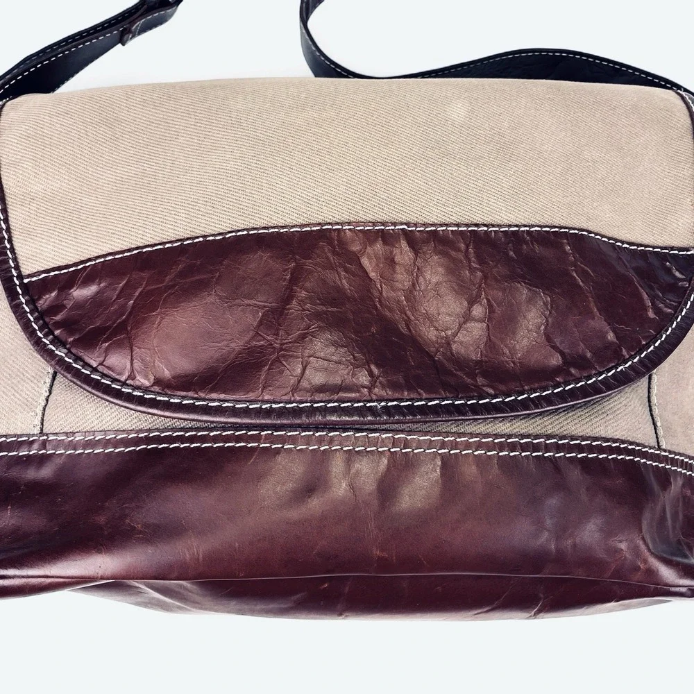 Lanidor Portugal Brown Buffalo Leather Canvas Messenger Bag Satchel Crossbody‎
